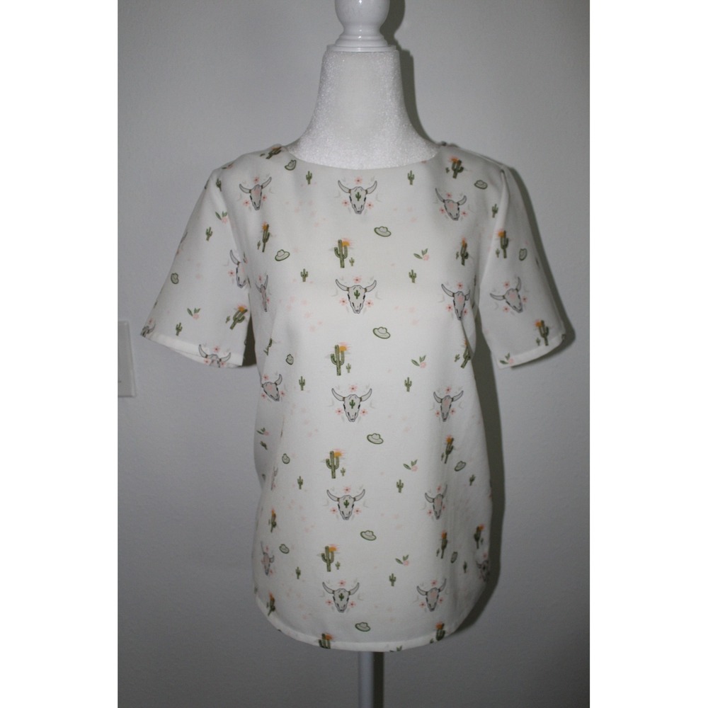 Twik Womens XS White Western Cactus Cow Skull Print Short Sleeve Zipper‎ Blouse